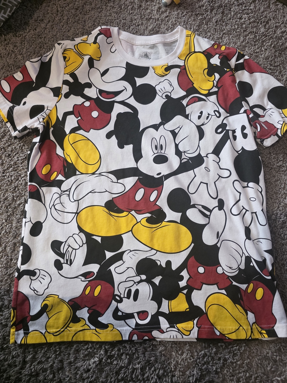 Disney White Mickey Mouse Allover Graphic Tee with Yellow & Red Accents